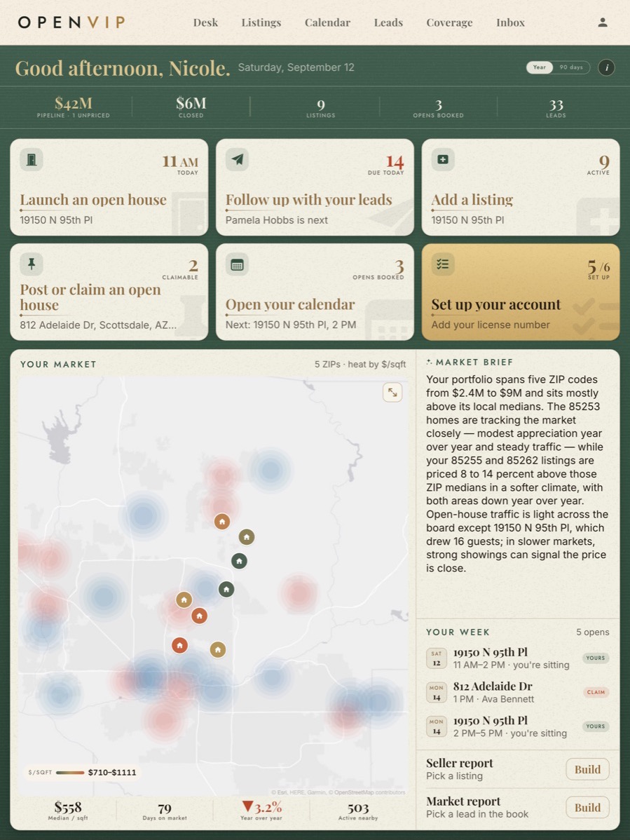 The Desk on an iPad: the OpenVIP nav, six tiles in two rows, the market map, and the week ahead