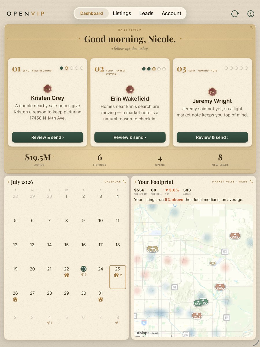 The OpenVIP agent dashboard on iPad