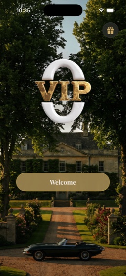 The OpenVIP welcome screen on an iPhone: the crest over an English manor