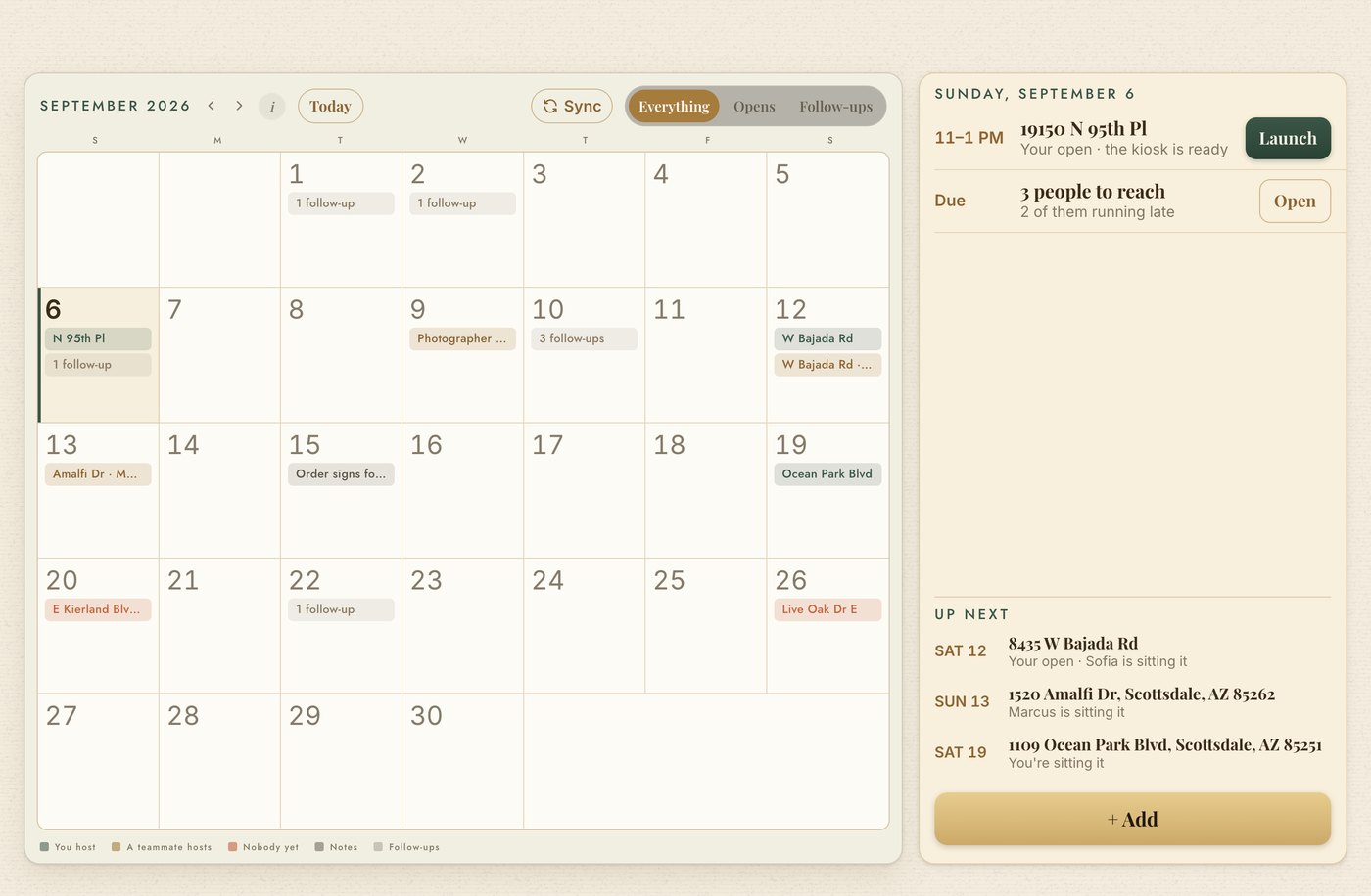 The calendar: open houses, coverage, and follow-ups on one month