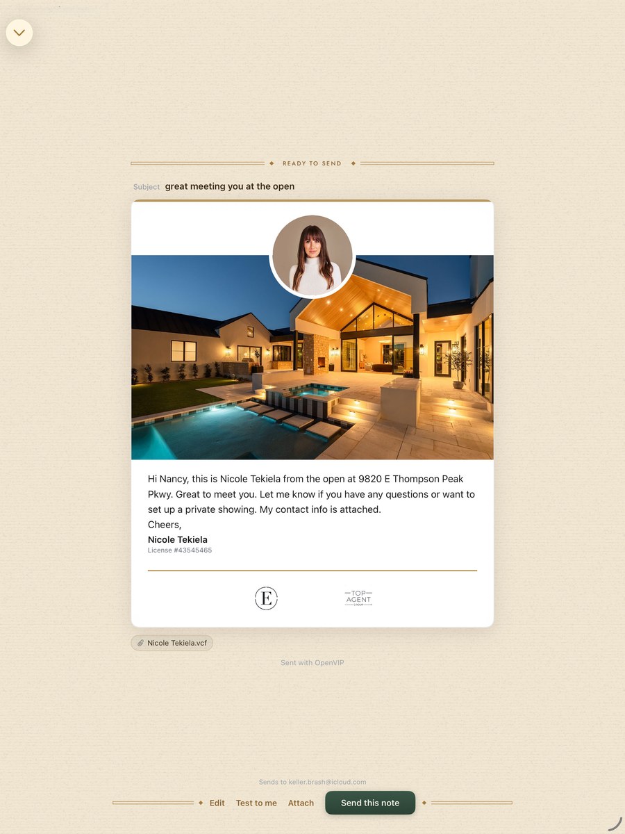 OpenVIP AI-drafted follow-up note, ready to send