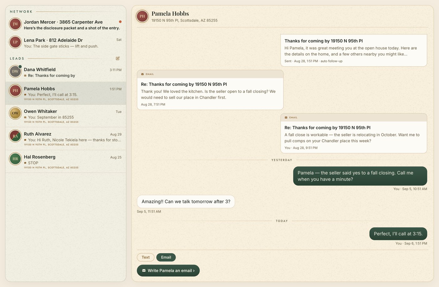 The Inbox: network threads, lead threads, and a conversation with both emails and texts