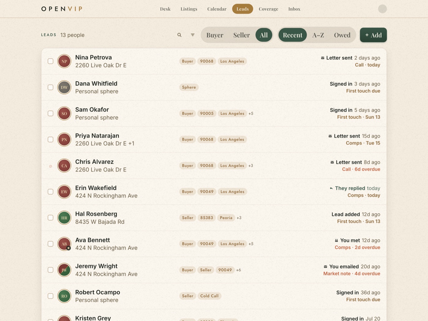 The leads list on an iPad: each row with the last touch and the next step
