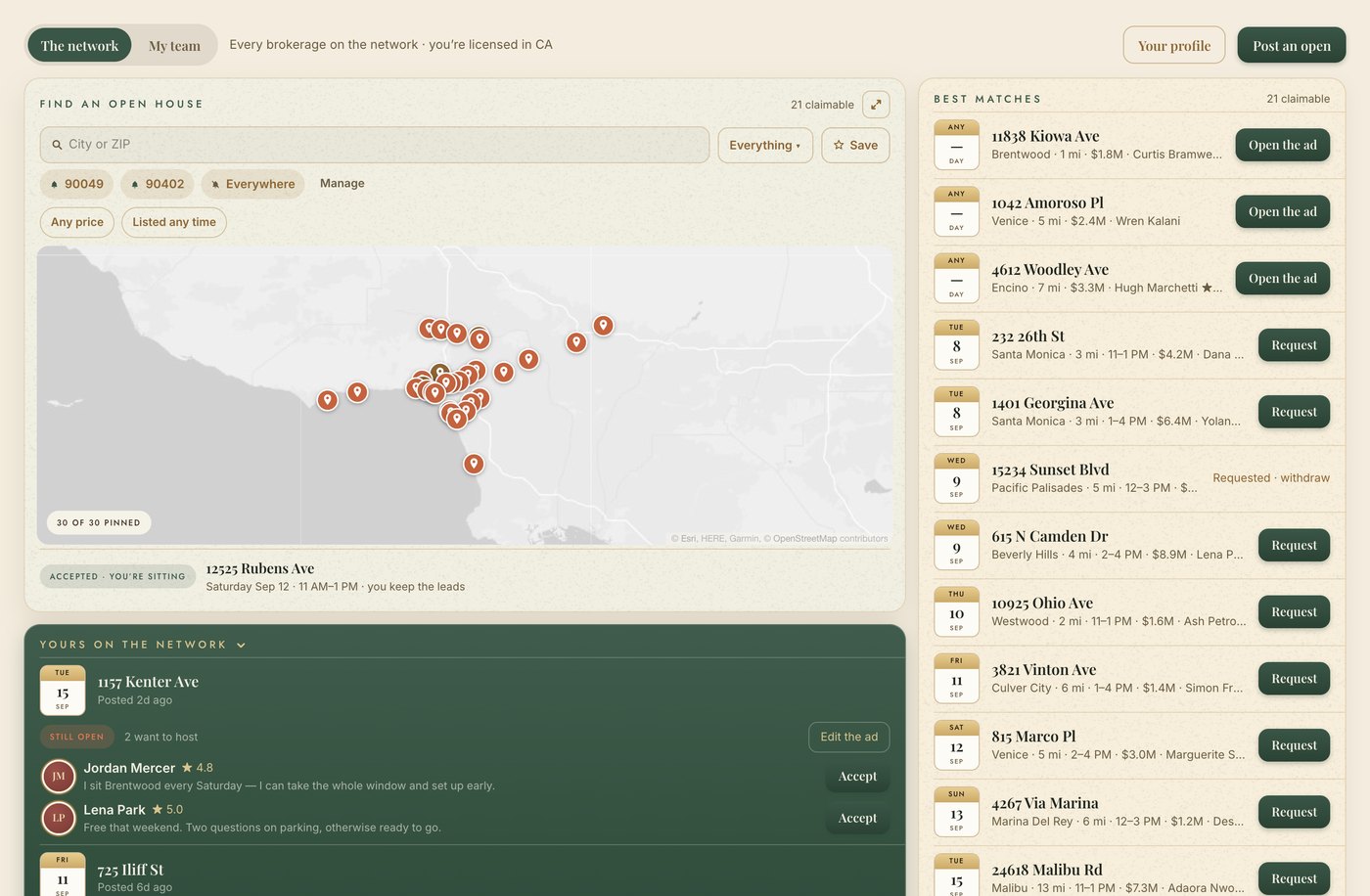 A map of open houses near you, one pin selected