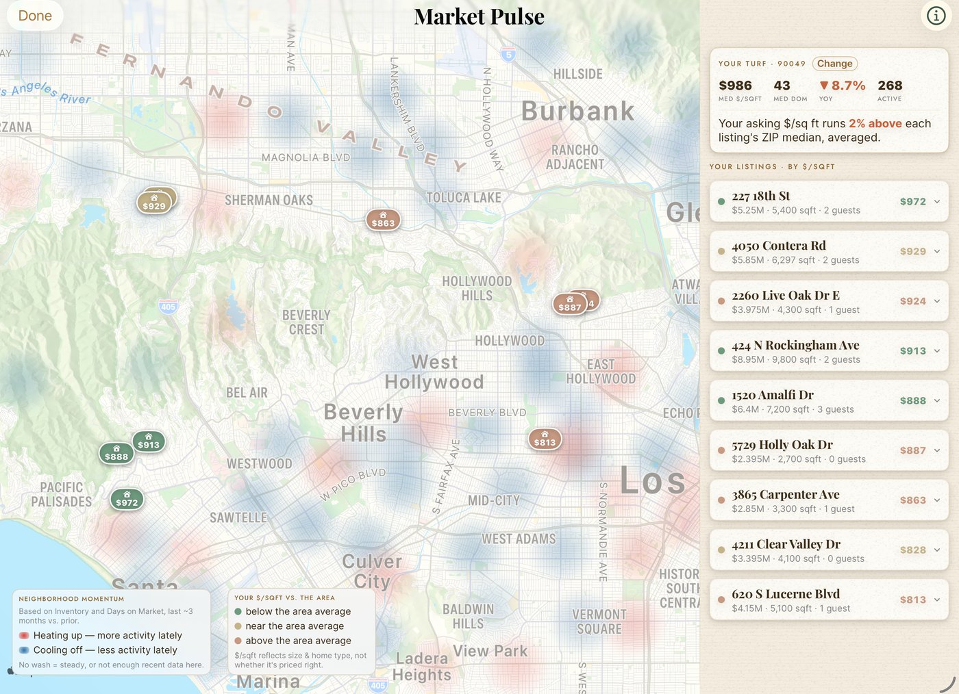 Market data: a heat map with every listing ranked by price per square foot against its ZIP