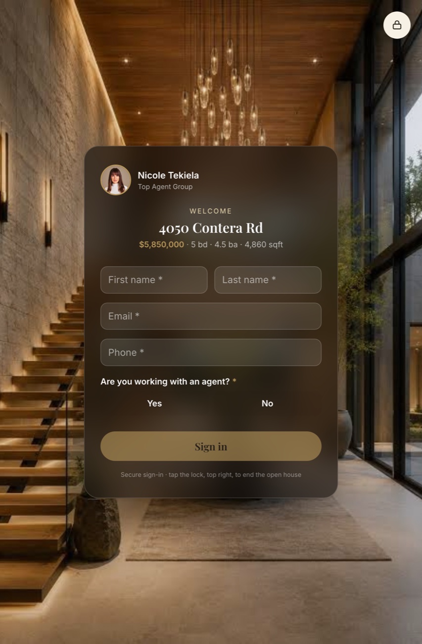 The open-house sign-in: the agent&rsquo;s headshot and name over the listing photo, with the guest fields under it