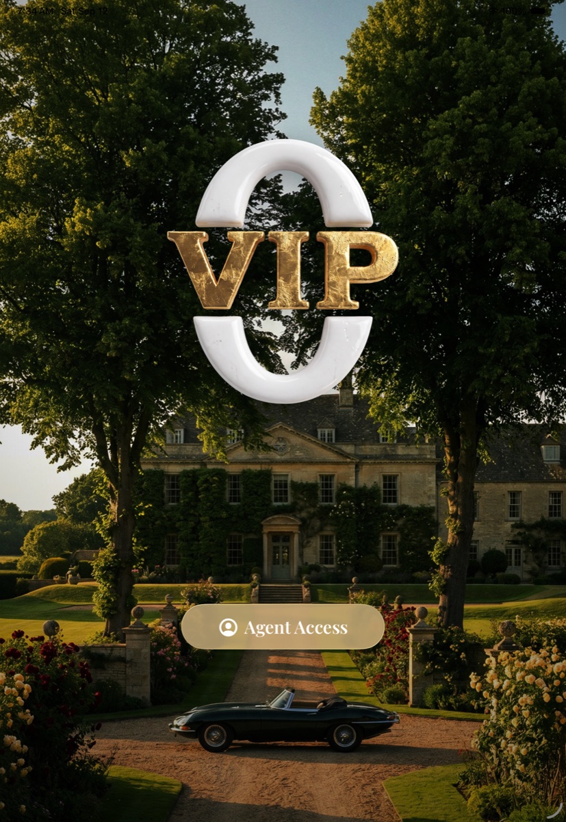 The OpenVIP welcome screen on an iPad: the crest over an English manor, and Enter